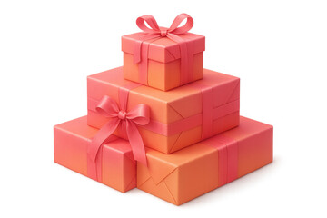 Obraz premium Four coral and pink wrapped gift boxes with ribbons are stacked, creating a festive pyramid on a transparent background