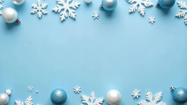 Festive winter holiday backdrop of white snowflakes and shimmering ornaments on a light blue surface, with ample space for text or product placement.