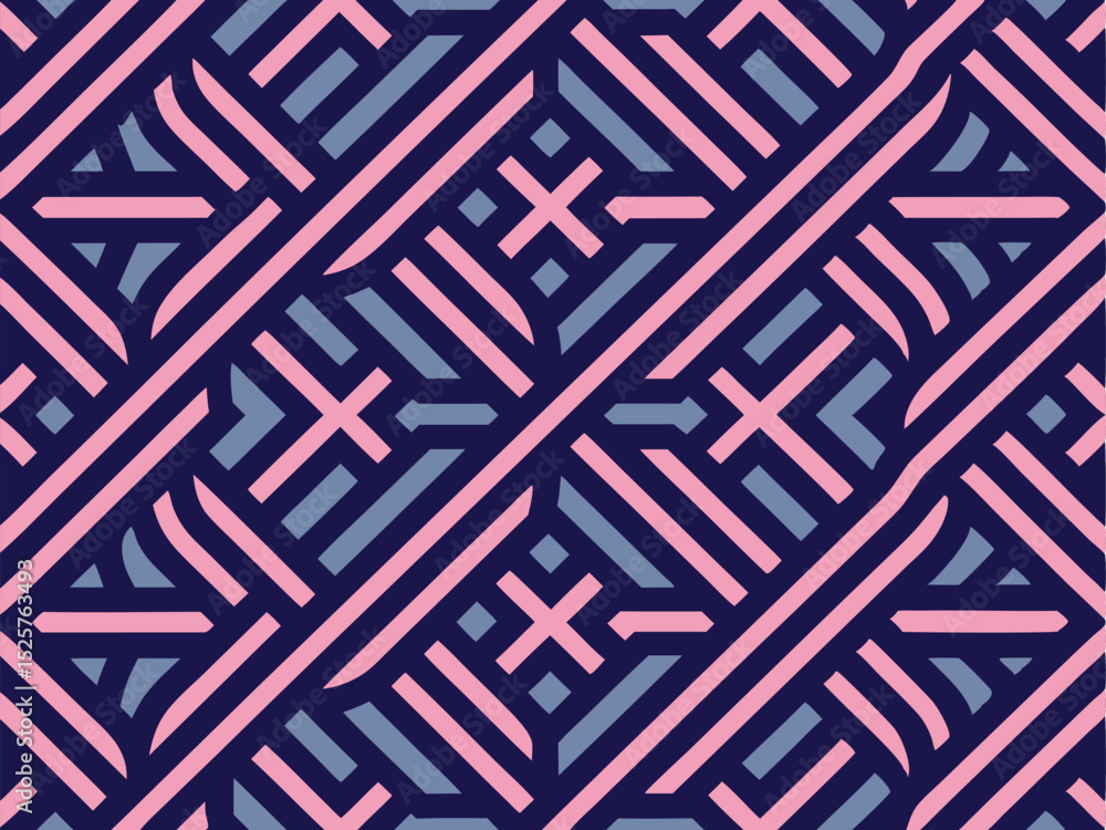 Poster intricate geometric abstract seamless pattern featuring pink and blue intersecting shapes over dark 