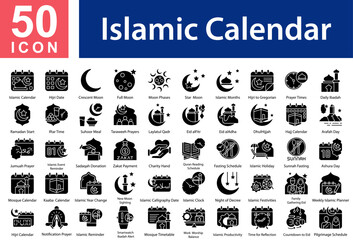 Islamic Calendar Collection of Icons with Glyph Style. Containing: Islamic Calendar  ,Hijri Date  ,Crescent Moon  ,Full Moon  ,Moon Phases  ,Star & Moon  ,Islamic Months  ,Hijri to Gregorian   © RanuKumbolo.lab