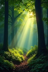 Sunbeams dappling through a dense forest canopy, creating a magical, ethereal glow on the forest floor Perfect for nature, fantasy, or environmental themes , natural, woods, landscape
