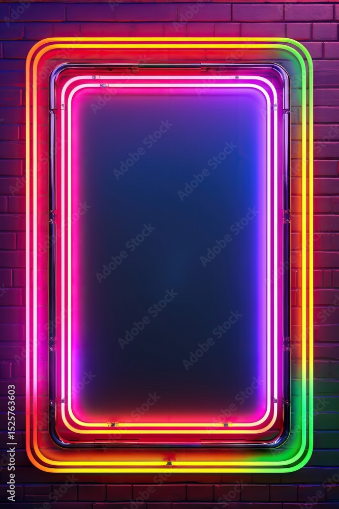 Aufkleber empty bright vertical neon signboard with glowing frame on brick wall. illuminated blank frame for c