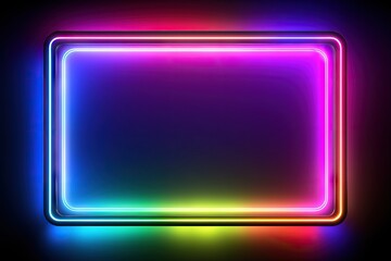 Colorful neon glowing rectangular frame on dark background. Bright light display for template design. Abstract vibrant border with empty space.