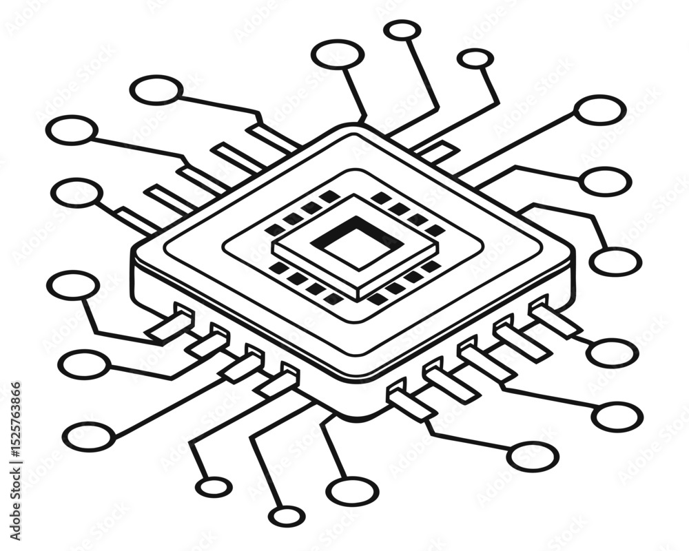 Poster isometric view of a black and white circuit board design representing digital technology.