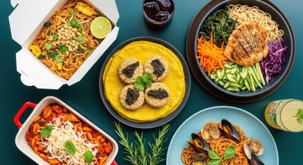 Diverse Asian and Italian Cuisine Options in Takeaway Containers and Bowls