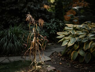 A withered plant envies lush foliage, shallow depth emphasizes dramatic lighting, symbolizing jealousy in this garden scene.