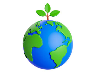 Obraz premium 3d world globe with little green plant isolated on transparent png