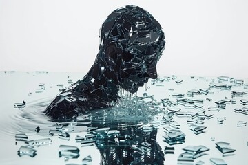 Shattered glass forms an abstract crying silhouette, tears pool as reflective fragments border the figure in a stark, emotional scene.