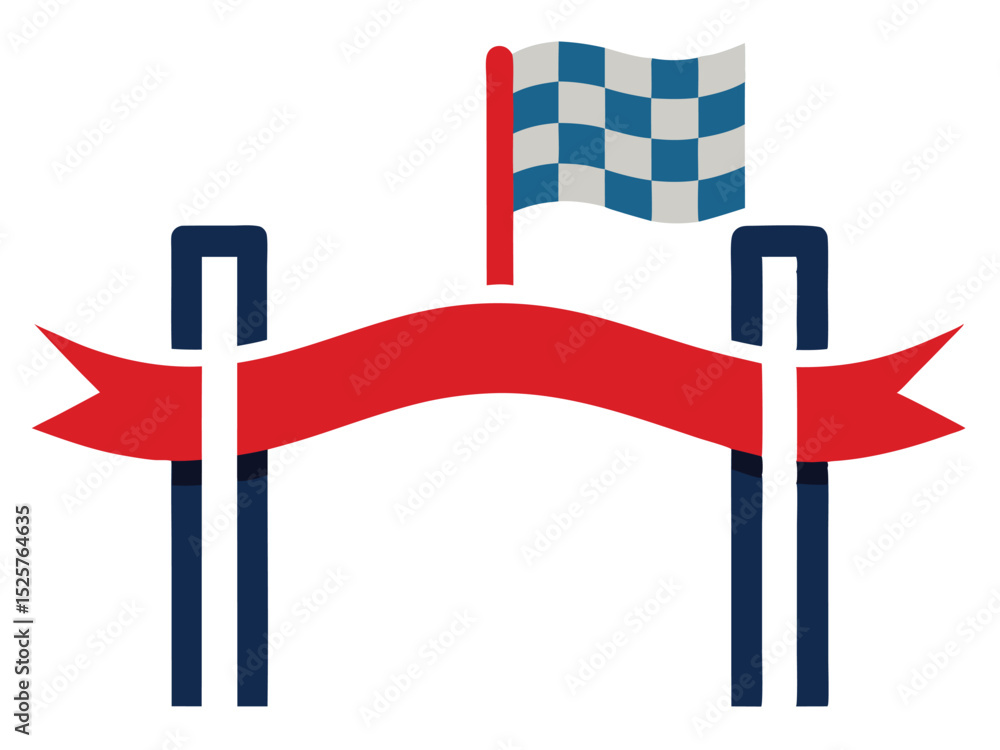 Poster simple vector illustration of a finish line with checkered flag and red ribbon.