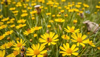 Obraz premium Close-up of vibrant yellow wildflowers in a Colorado meadow, attracting diverse insects, wildlife, landscape