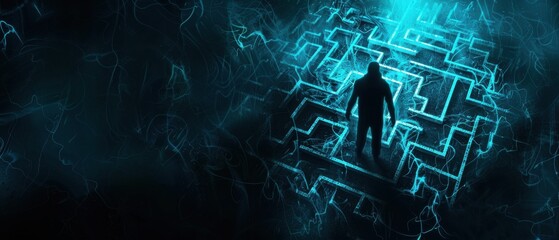 A lost silhouette stands in a blue noise-filled maze pattern with dark moody lighting.