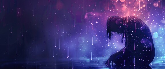 Hunched silhouette under glowing particle rain, dark purple and blue noise create an emotional, abstract scene.