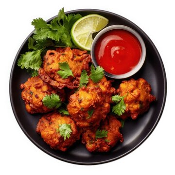 Spicy pakora fritters on plate isolated on white background