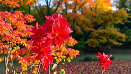 Crimson equinox blooms ablaze against autumnal park foliage,   background,   autumn colors