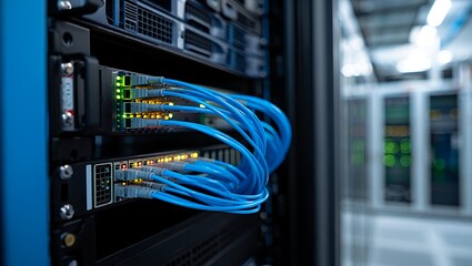 Fototapeta premium Vibrant blue fiber optic cables connect within a server rack
