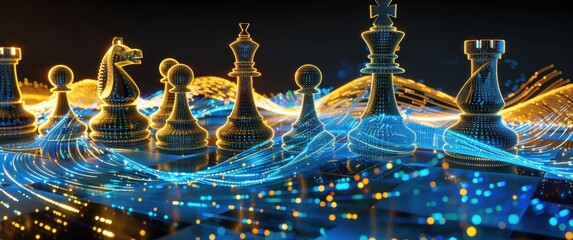 Futuristic chess pieces made of glowing data streams, blue and gold hues create a digital game board.