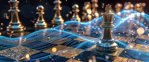 Glowing chess pieces atop financial data streams a futuristic battle of wits in blue and gold hues.