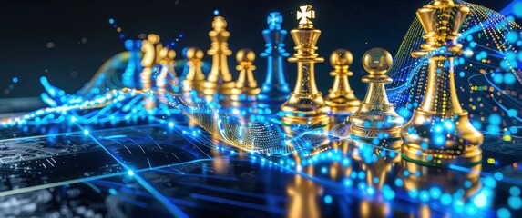 Glowing chess pieces emerge from financial data streams in shades of blue and gold a digital futuristic battlefield of strategy.