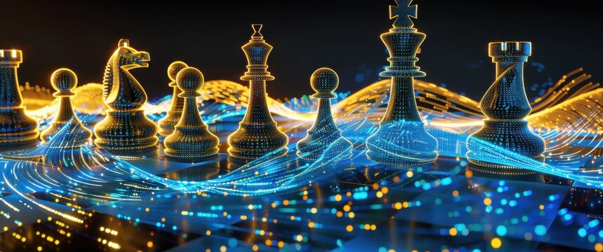 Futuristic chess pieces made of glowing data streams, blue and gold hues create a digital game board.
