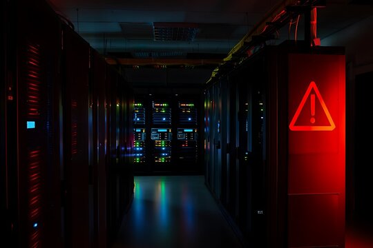Red alert illuminates a dark server room corridor