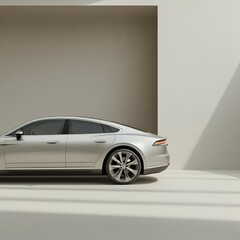 Sleek silver luxury car parked against minimalist architectural background