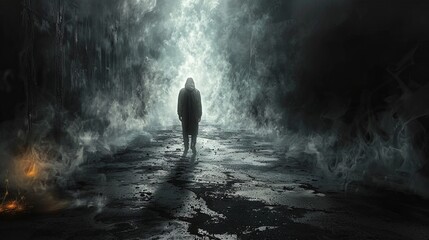 Fototapeta premium Pensive man standing in desolate urban environment at night