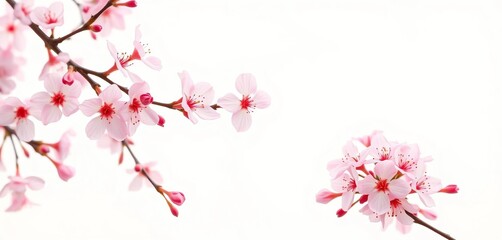 Fototapeta premium Delicate blush pink blossoms softly bloom against a creamy white background, pink flowers, botanical