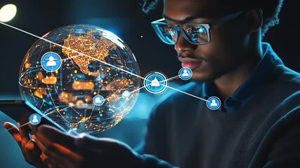 Young man interacting with a digital globe, showcasing global connectivity in a tech-savvy environment - Powered by Adobe