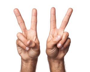 Two hands forming peace sign with fingers raised, symbolizing harmony and positivity. hands are well defined against transparency background, creating striking visual impact