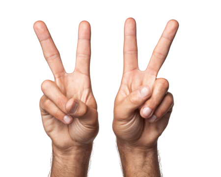 Two hands forming peace sign with fingers raised, symbolizing harmony and positivity. hands are well defined against transparency background, creating striking visual impact - Powered by Adobe
