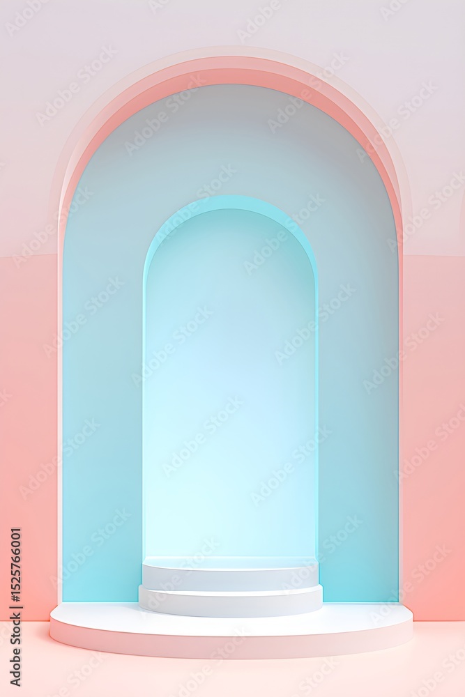 Aufkleber abstract 3d rendering of a pastel blue arched niche with a podium in a pink environment. product dis
