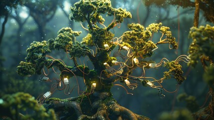 Mystical forest tree with USB branches & digital moss. Nature meets technology, volumetric lighting enhances the surreal connection.