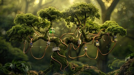 Mystical forest scene, an ancient tree with USB cables as branches, digital moss growing on connectors, volumetric lighting.