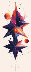 Geometric cosmic entity featuring star edges and minimal shadows, rendered in a flat approach, with planets and angular space elements.