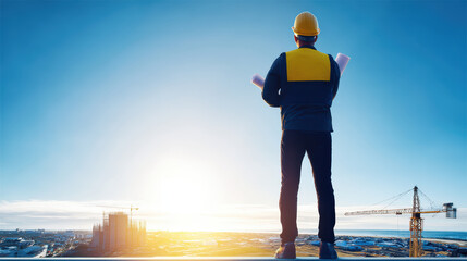 Confident construction supervisor overseeing site at sunrise