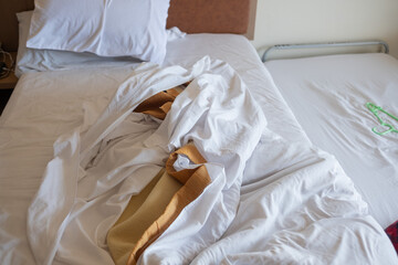 white bed background, after sleep, dirty bed