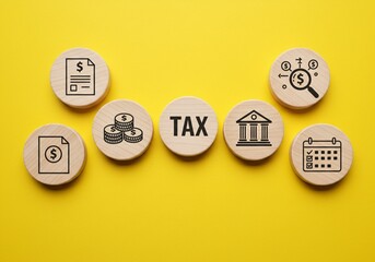 Tax Planning and Financial Compliance Concept. Businessperson points to tax icon on with finance, calendar, and audit symbols representing tax processes. state taxes, documents, reports, taxation,