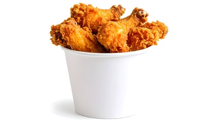 Crispy fried chicken in a white paper bucket