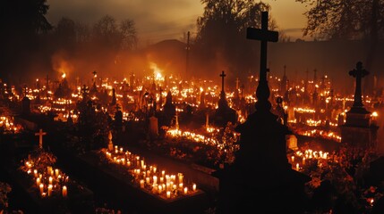 Illuminated cemetery with countless burning candles creating a solemn ambiance