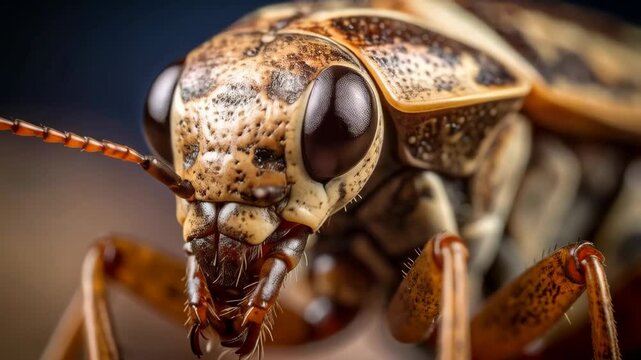 Detailed macro shot of a cricket insect with brown textured exoskeleton, segmented antennae, and compound eyes on a blurred background.