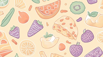A pastel-colored pattern of various fruit and dessert slices