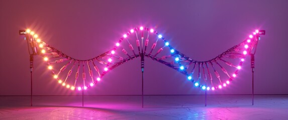 Glowing USB DNA, cyberpunk art installation. Data transfer visualized with studio lights, an artistic arrangement.