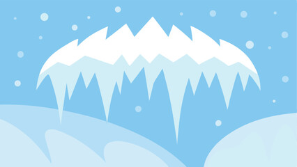 Winter landscape illustration featuring mountains icicles and snowflakes on a blue backdrop