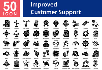 Obraz premium Improved Customer Support Collection of Icons with Glyph Style. Containing: Accountability,Flexibility,User friendly,Knowledge,Reliability,Self service,Trust,Training,Ticketing,Feedback,CRM,Problem