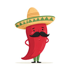 Illustration of a red chili pepper character wearing a sombrero and a mustache