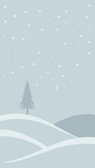 Winter snowfall scene with pine tree and landscape in a minimalist style