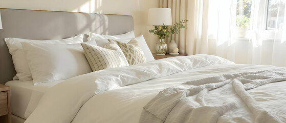 Crisp white bedding with decorative pillows in a sunlit room Frequently used in home decor, Airbnb, and hospitality marketing