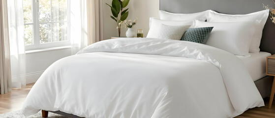 Crisp white bedding with decorative pillows in a sunlit room Frequently used in home decor, Airbnb, and hospitality marketing