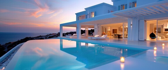 White coastal villa terraced levels infinity pools contemporary Mediterranean architecture sunset lighting.
