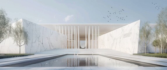 Marble museum facade with rhythmic columns, angular walls, water feature and minimalist landscape design.